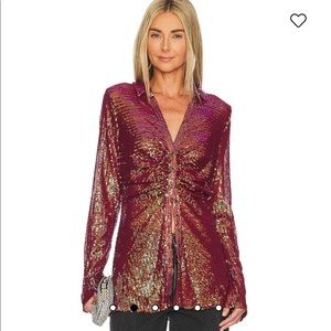 Free People Sequin Shirtee Top in Dark Rhubarb
